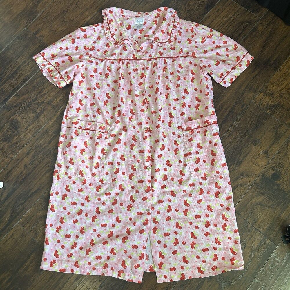 Bernette Cherry Hearts Cottage Core House Dress Lounge Plus Size 2X Snap Front